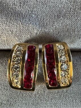 Vintage ROMAN Gold Tone Red Clear Rhinestone Half Hoop Earrings